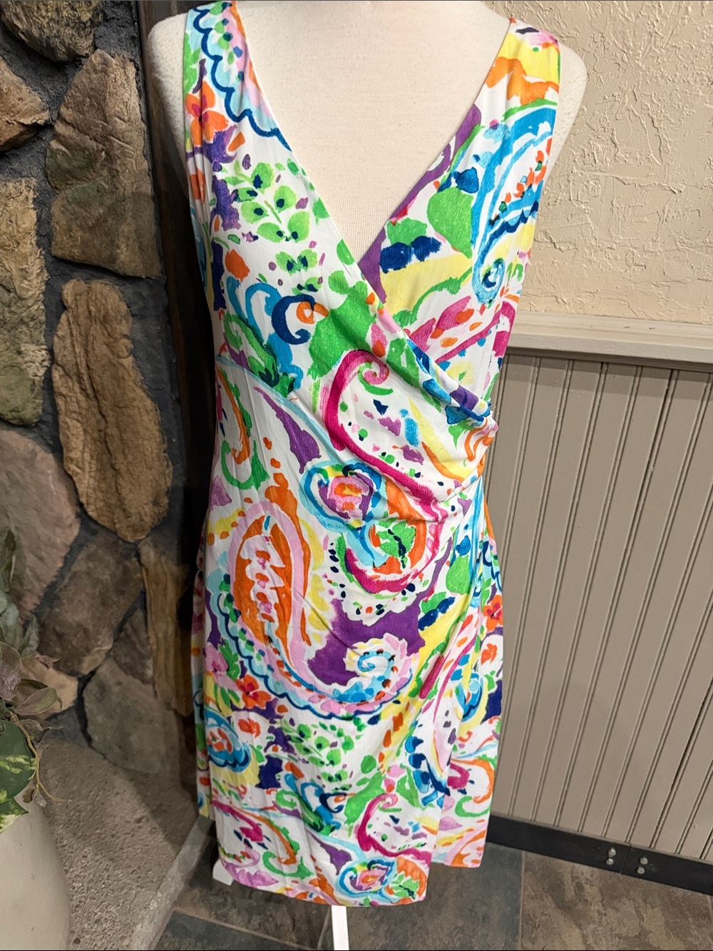 Ralph Lauren White Multicolor Watercolor Print Sleeveless Wrap Dress